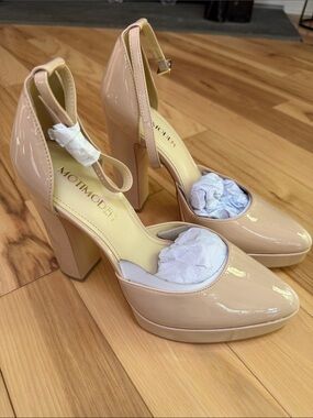 Nude Patent Ankle-Strap Platform Pumps with Block Heel